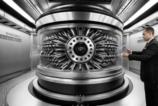 Futuristic machine inspected by businessman in a metal-walled room.