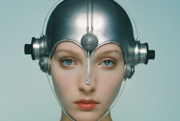 A person wearing a sleek, metallic helmet with a futuristic design stands against a light blue background.