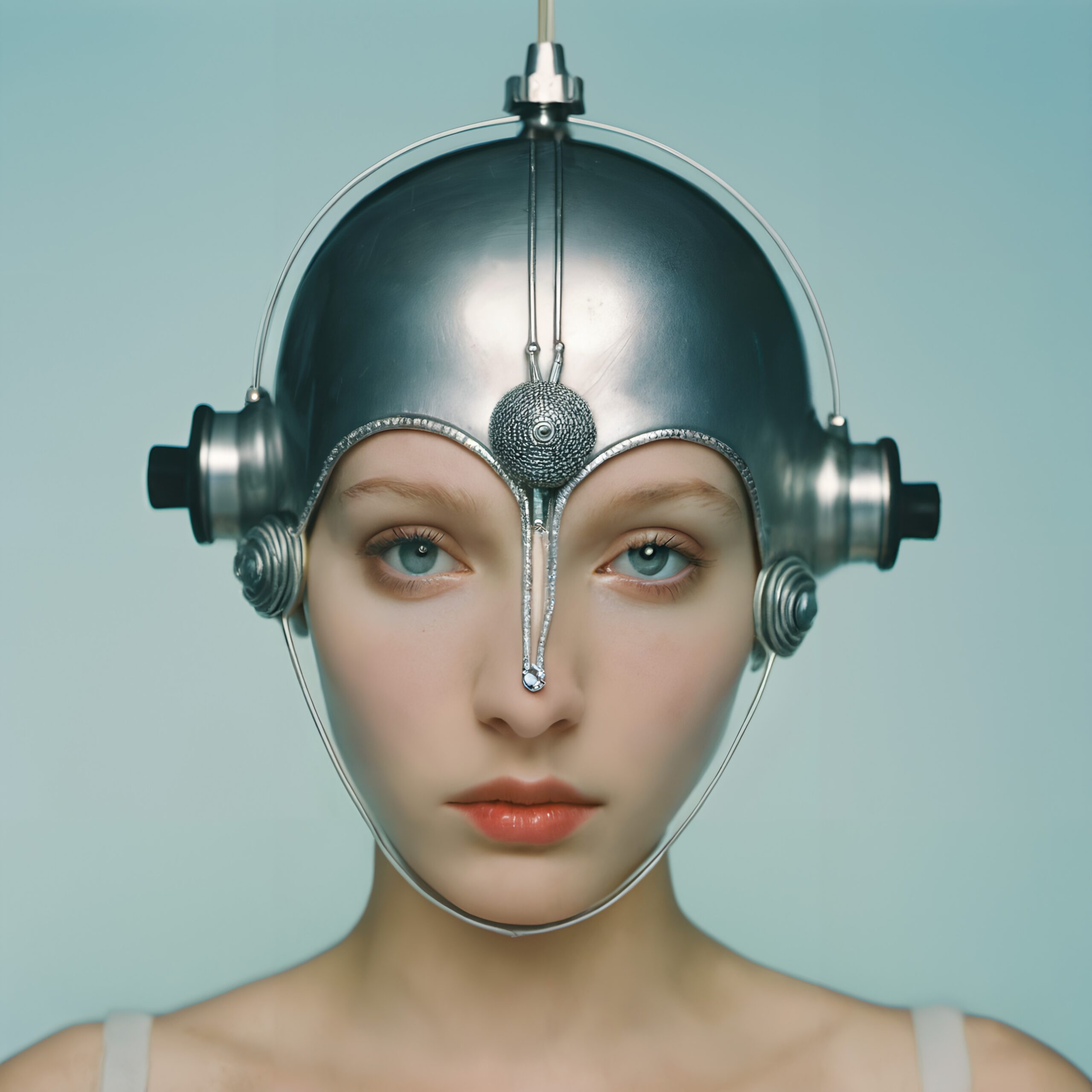 Futuristic Silver Helmet Portrait