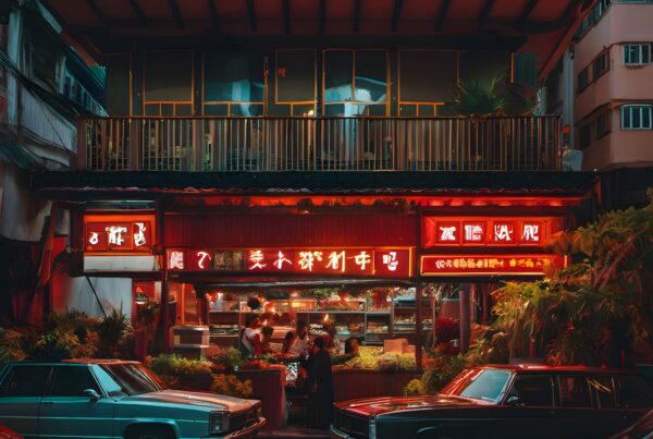 Neon-lit night market with classic cars parked on lively urban street.