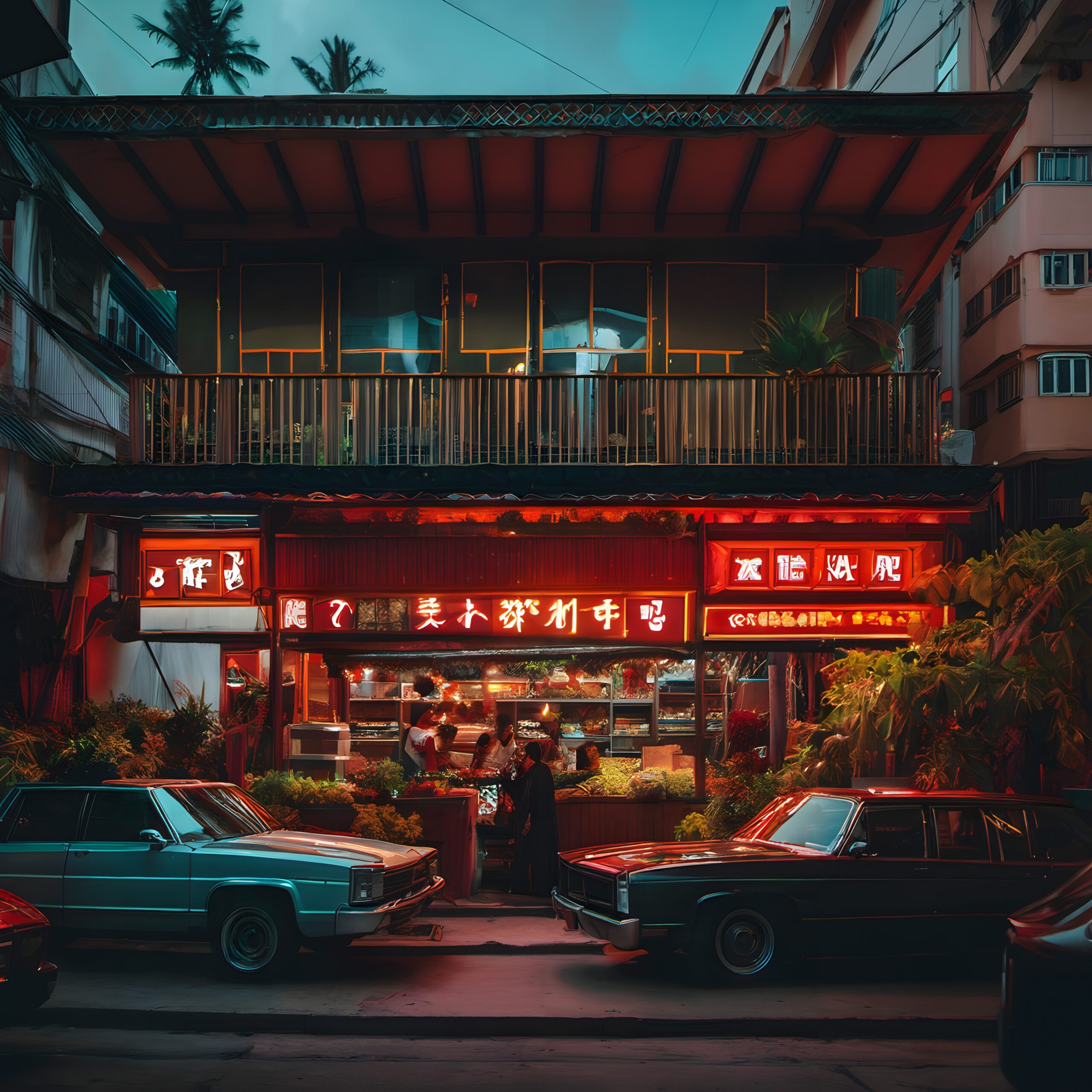 Neon-lit Asian street market