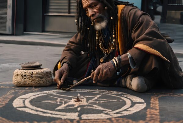 A man creates intricate sand art on a city pavement, blending tradition with urban life.