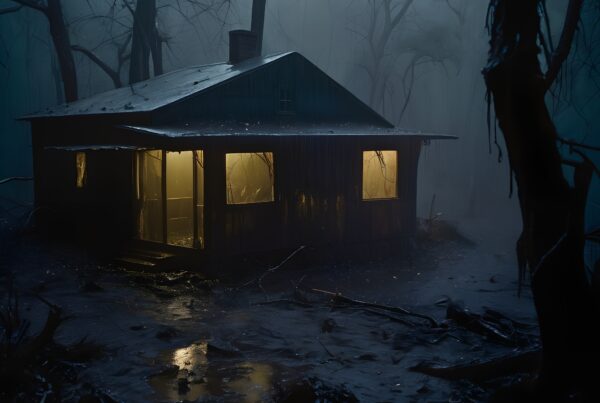 Mysterious cabin glowing in dark, foggy forest.
