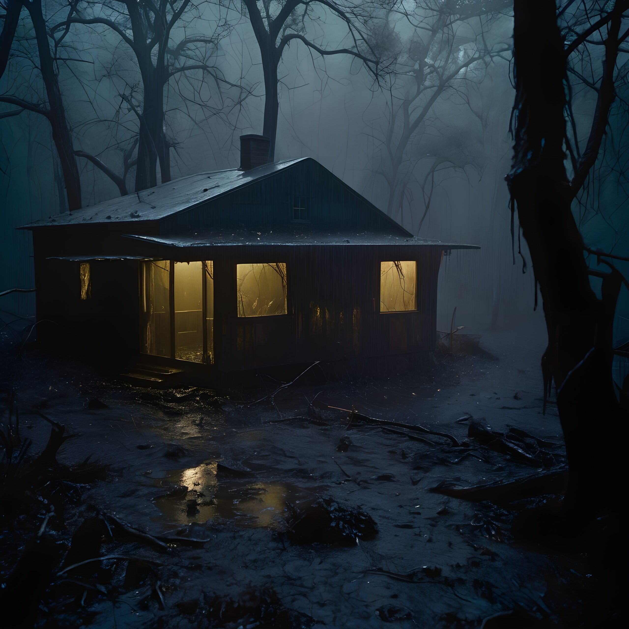 Cabin in Misty Haunted Forest