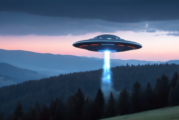 UFO hovering over forest at dusk with blue beam.