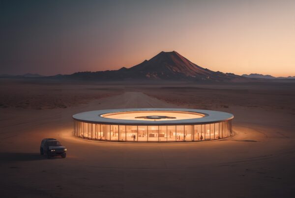 Futuristic desert building at twilight against mountain.