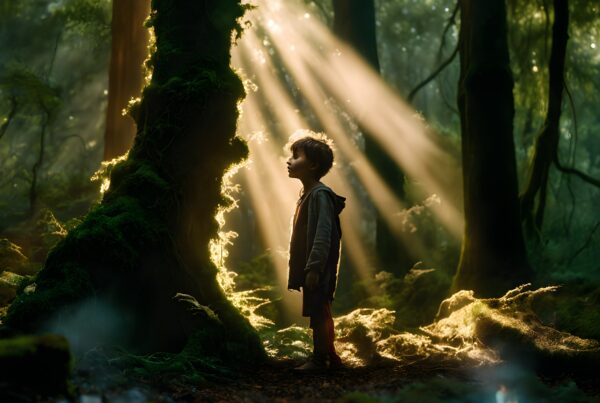A young boy stands in a sunlit forest, surrounded by mossy trees and golden beams, evoking wonder and enchantment.