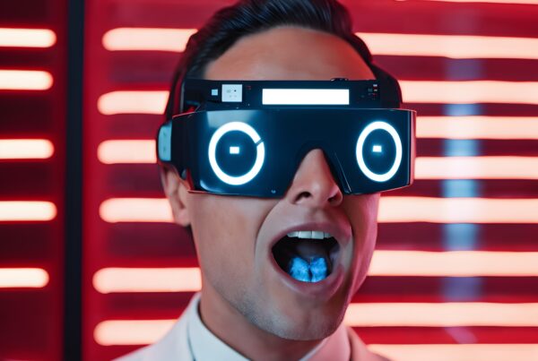Man in futuristic VR goggles with blue cube on tongue in a neon-lit setting.