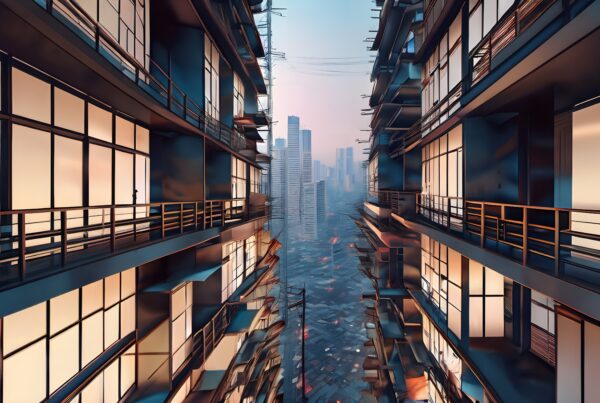 A futuristic cityscape with glowing skyscrapers and a vibrant urban scene.