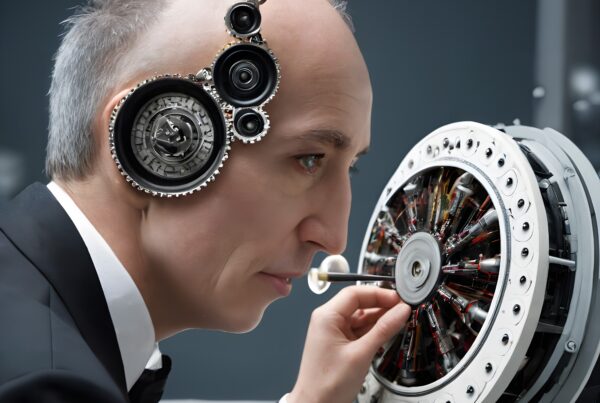Futuristic scene of a man engaging with intricate machinery, showcasing advanced technology and human intellect in scientific exploration.