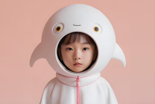 Young child in whimsical sea creature costume against pink background.