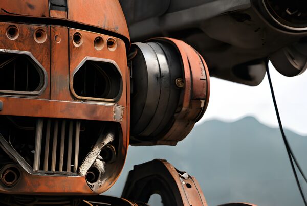 A large orange robot stands outdoors with a mechanical face, against a mountainous backdrop.