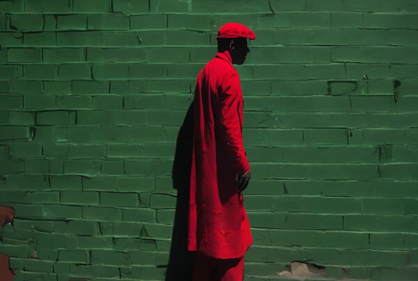 A person in bright red clothing stands against a vibrant green brick wall, creating a bold color contrast in an urban scene.