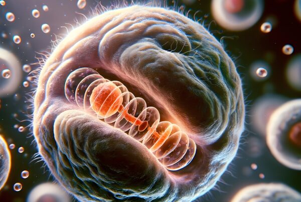 Detailed artistic illustration of cellular mitochondria with surrounding membranes in a colorful, complex depiction.
