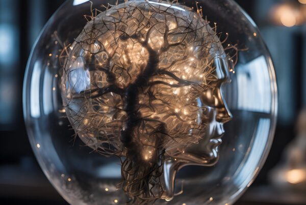 A transparent sphere with illuminated neural pathways and face profile sculpture.