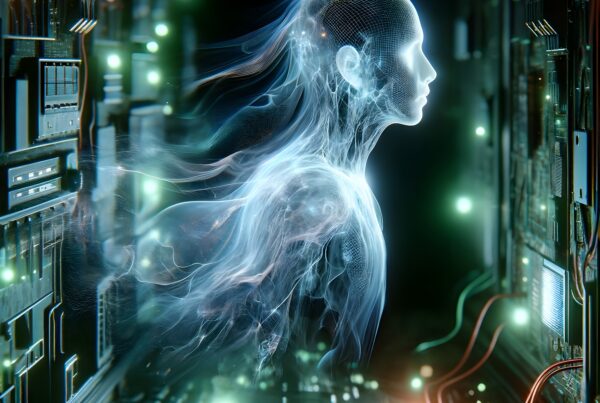 Futuristic translucent entity interacts with an advanced computer system, amidst glowing circuits and digital energy.