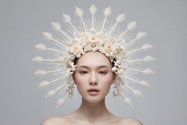 A captivating portrait showcasing an intricate headdress of white roses and feathers.