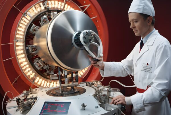 A chef operates futuristic cooking machinery.