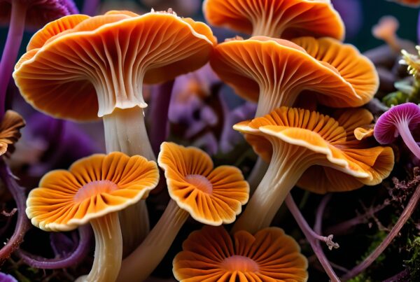Close-up of vibrant orange and purple mushrooms with textured caps and stems in a forest setting.