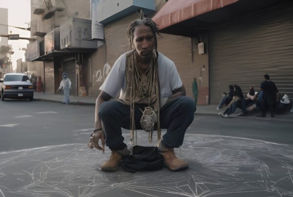 A man crouching in an urban setting with geometric chalk patterns on the pavement.