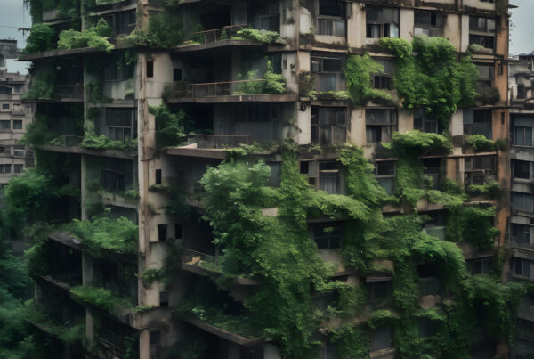 Abandoned High-Rise Overgrown with Lush Green Foliage and Vines