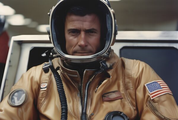 Astronaut in vintage space suit inside a cockpit with reflective helmet and American flag.