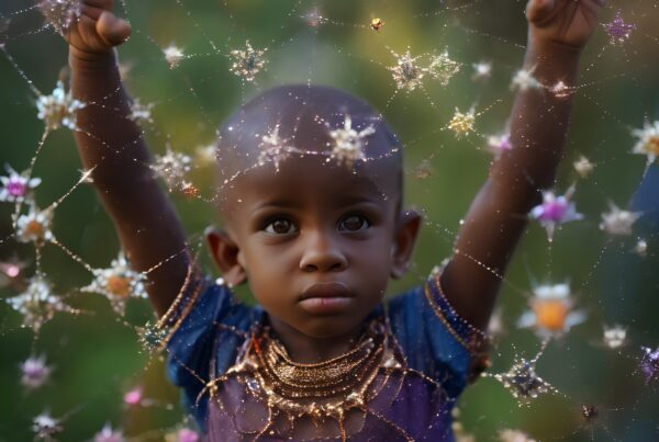 A child reaches towards a web of sparkling cosmic stars, creating a magical, dreamlike scene.