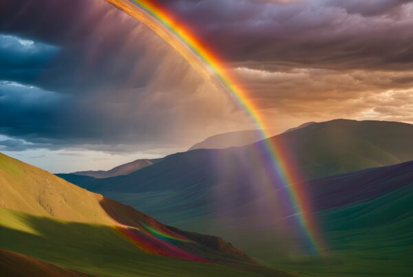 A vibrant rainbow arcs across dramatic hills and sky.