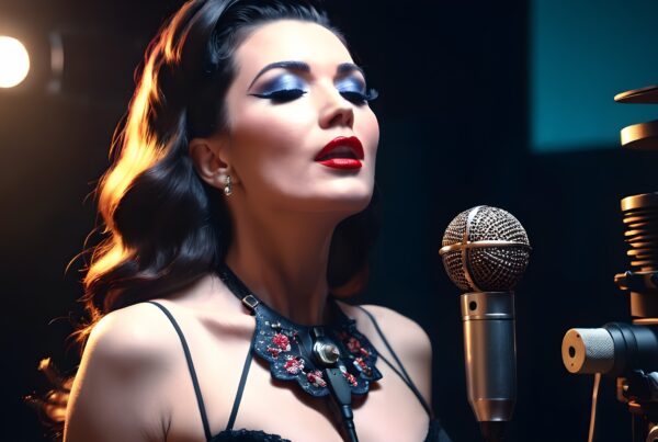 A glamorous singer performs with a vintage microphone, her expression serene.