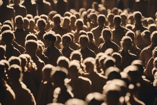 A densely packed crowd in dim lighting highlights unity and anonymity among figures.
