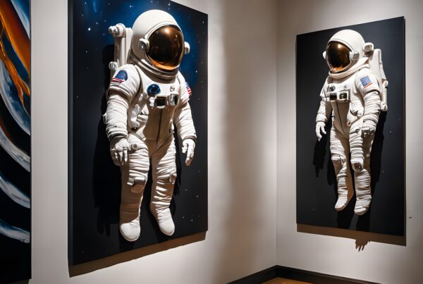 Astronaut suits displayed in an art gallery room.