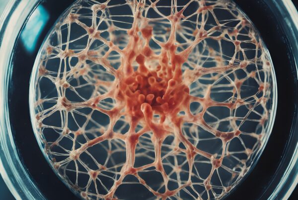A detailed macro shot of a petri dish showing an intricate network resembling organic growth or neural connections.