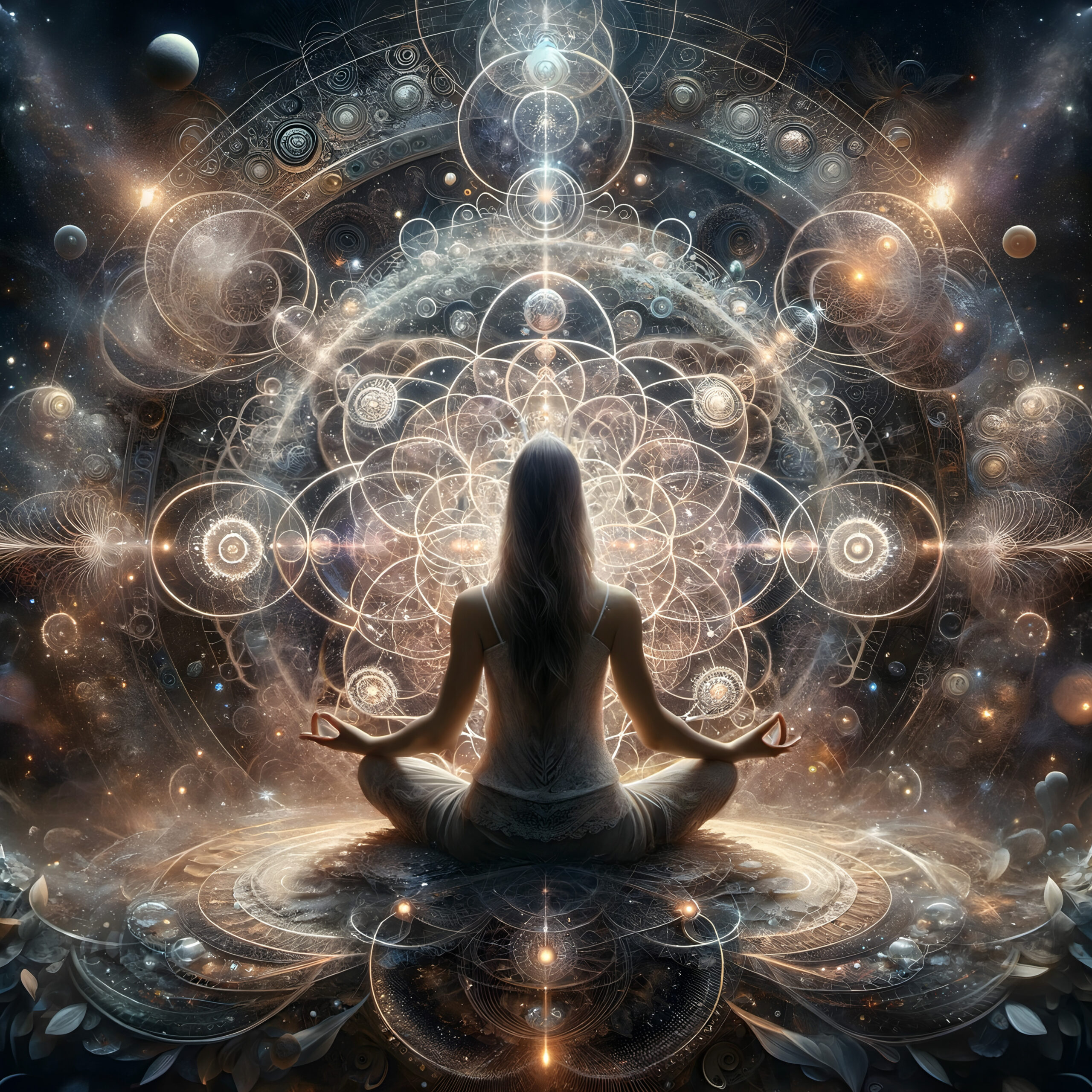 A person in a meditative pose with an elaborate cosmic backdrop