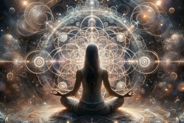 Meditative figure amidst cosmic mandala patterns for spiritual reflection.