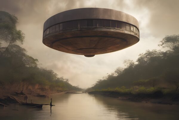 A large, disc-shaped structure hovers above a serene jungle river as a person stands on a boat below, blending futuristic and natural elements.