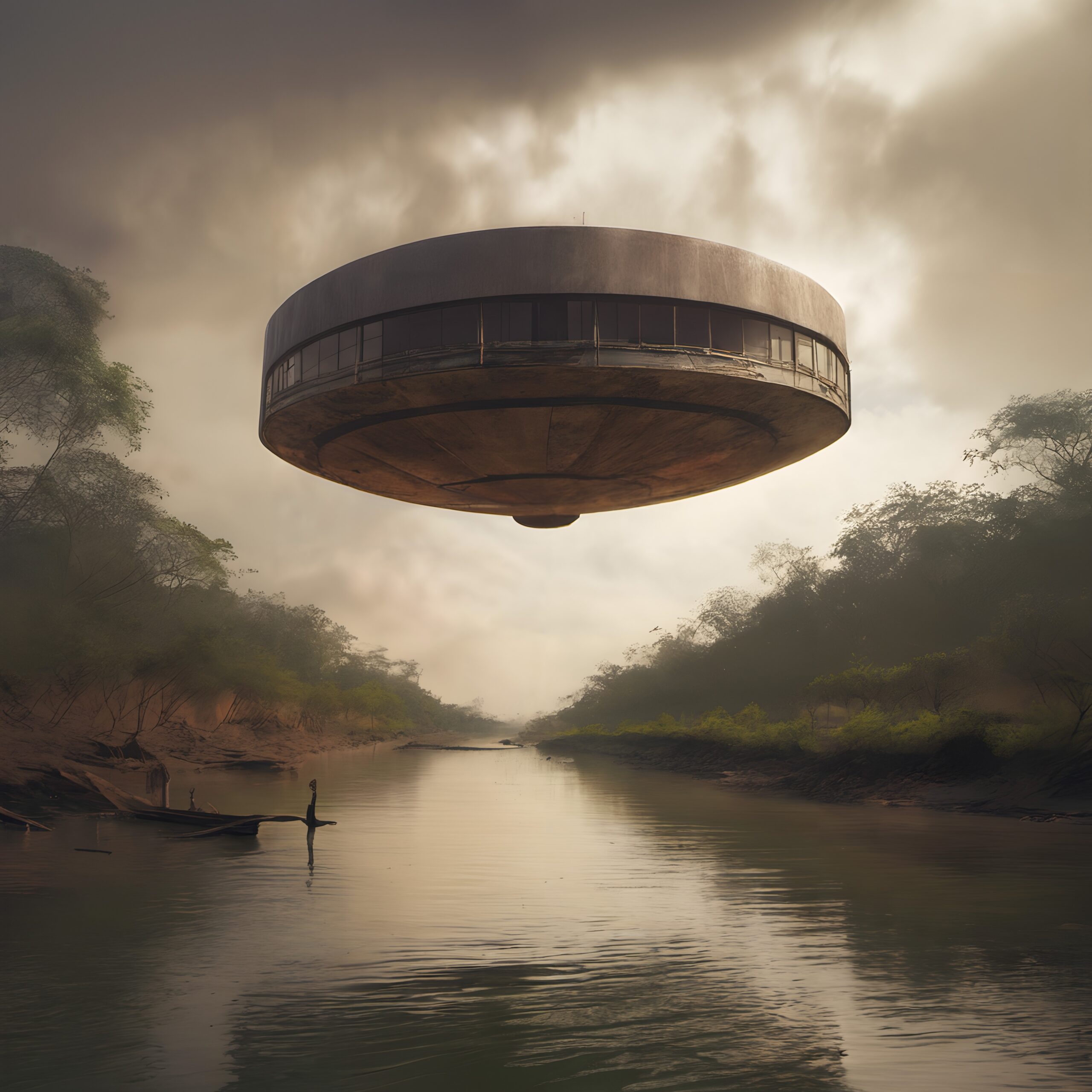 Futuristic Disc Hovering Over River