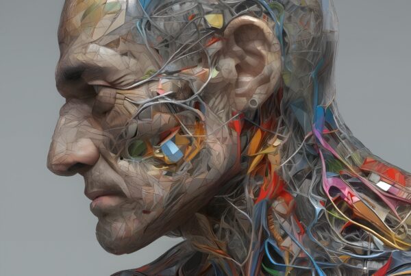 Abstract representation of human cyborg fusion, combining organic anatomy with multicolored mechanical elements, illustrating themes of technology and transhumanism.