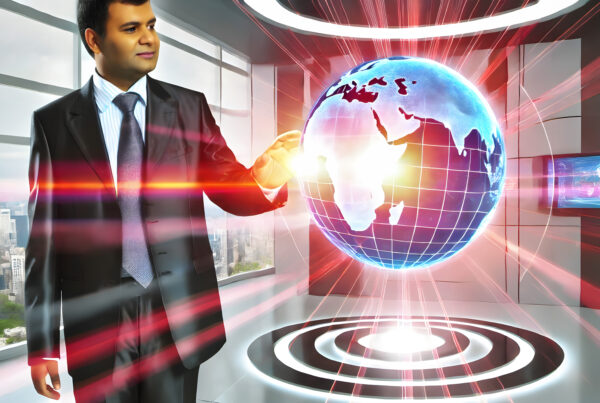 A businessman in a sleek suit stands in a modern, office. He is interacting with a futuristic, holographic globe.