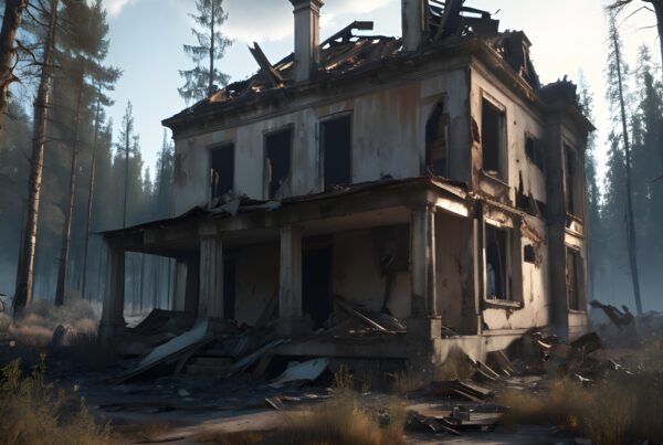 A dilapidated, abandoned house in a misty forest setting.