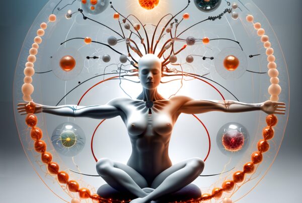 A humanoid figure meditating surrounded by technology and cosmic elements.