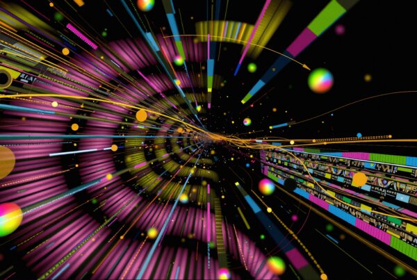 Abstract digital landscape with vibrant, swirling colors and dynamic motion of data.