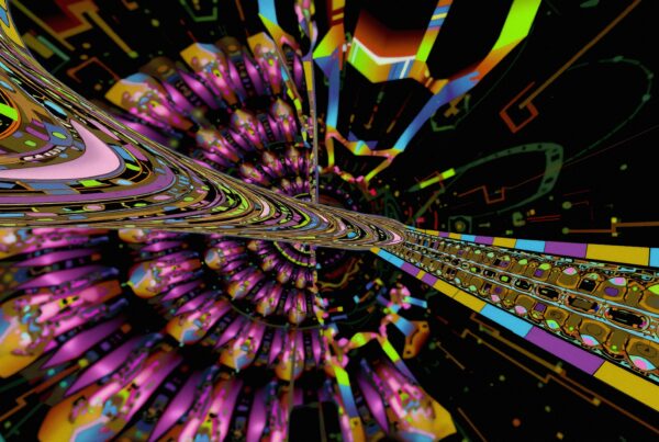Vibrant abstract tunnel with geometric patterns.