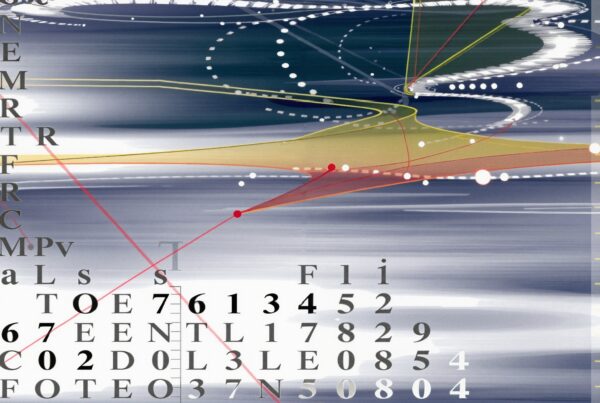 Abstract art featuring geometric patterns and letters, illustrating a network theme with vibrant lines.