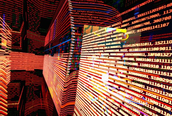 An abstract 3D digital landscape filled with vibrant numbers and code, illustrating data flow in a futuristic setting.