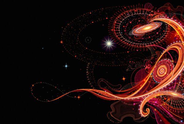 A cosmic digital artwork featuring swirling patterns and vibrant colors against a black background.