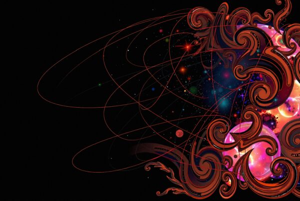Abstract space scene with swirling orange and red lines against a starry cosmic background.