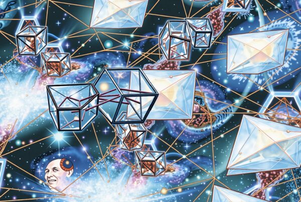 Surreal cosmic scene with interconnected geometric forms.