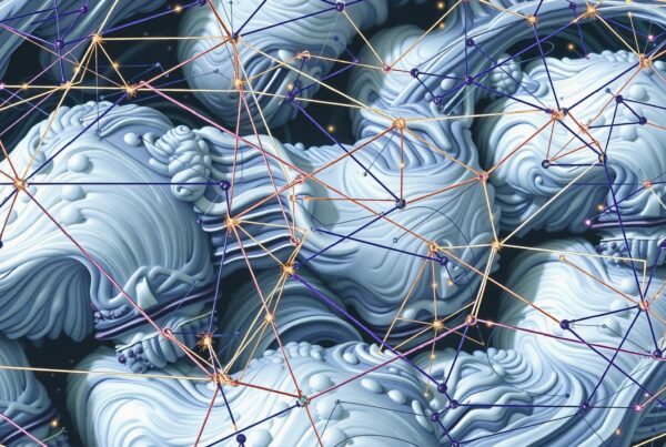 Abstract network of nodes and intricate blue wave-like patterns.