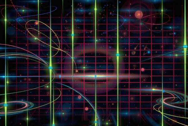 A digital artwork featuring a colorful, dynamic grid and cosmic elements on a black space backdrop.