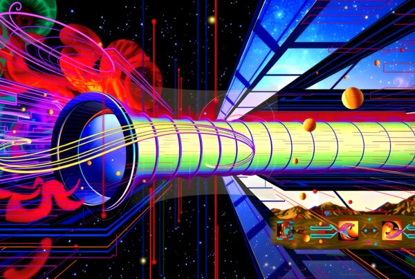 A colorful, abstract cosmic scene depicting a futuristic tunnel with planets, swirling colors, and a starry background.